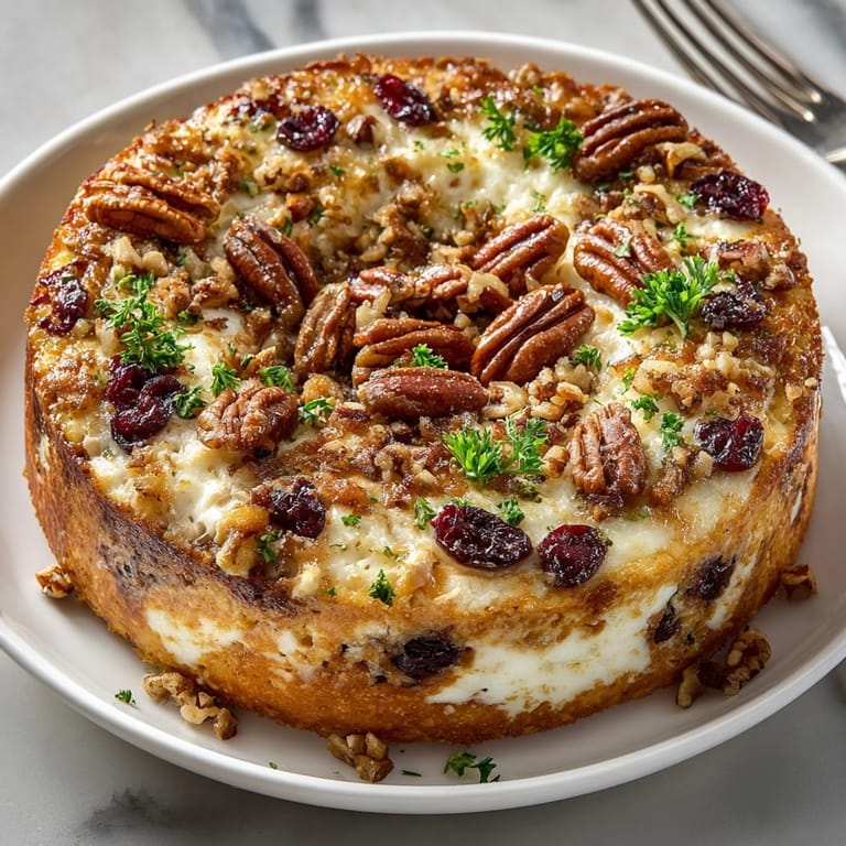 Closeup of Chaos Cake Thanksgiving Turkey Disaster with Cranberry Swirls, revealing tender turkey pieces and glistening cranberry layers.
