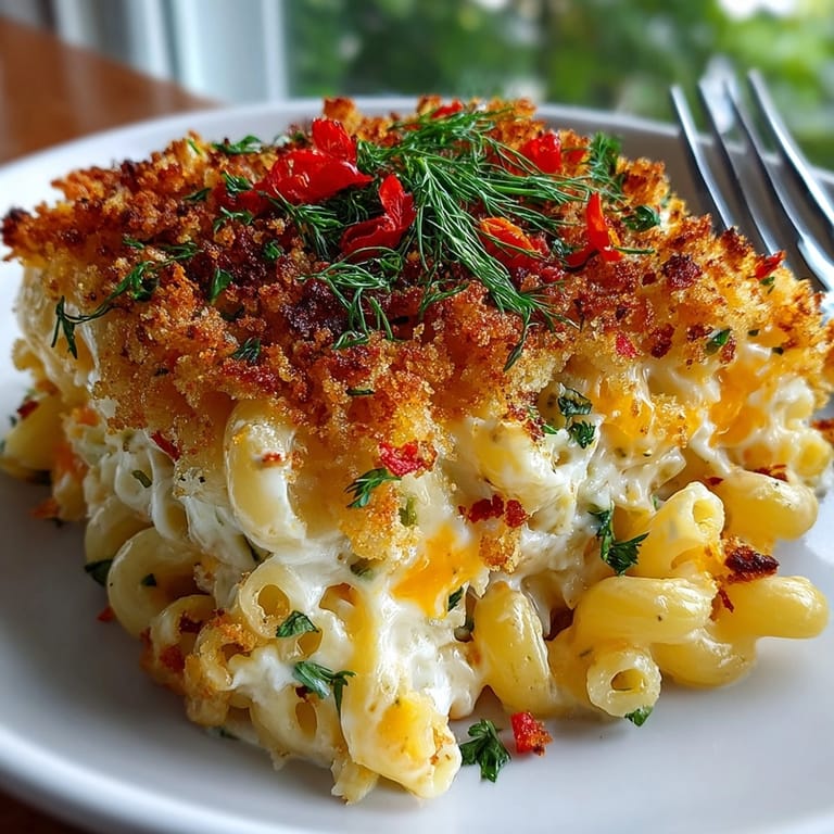 Creamy Midwest Casserole Mac and Cheese with Pickle Crumble, served hot with crispy, dill-infused topping.
