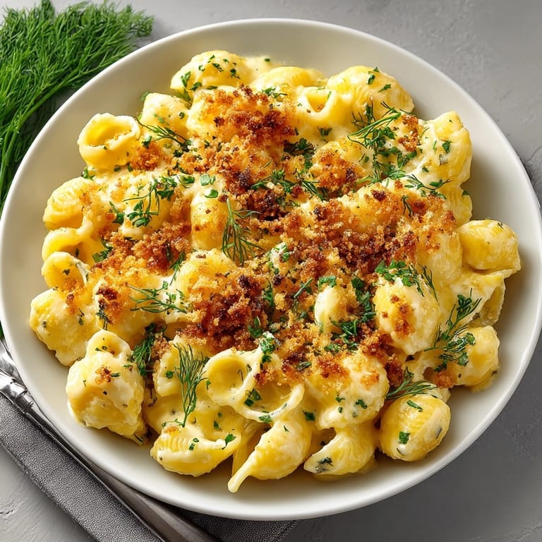 Hearty slice of Midwest Casserole Mac and Cheese with Pickle Crumble, rich cheese sauce and tangy crunch.