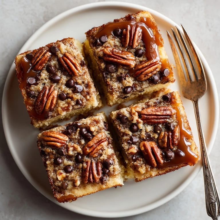 A platter of Southern Comfort Bourbon Pecan Chaos Cake Bars ready to serve at a festive Southern dessert table