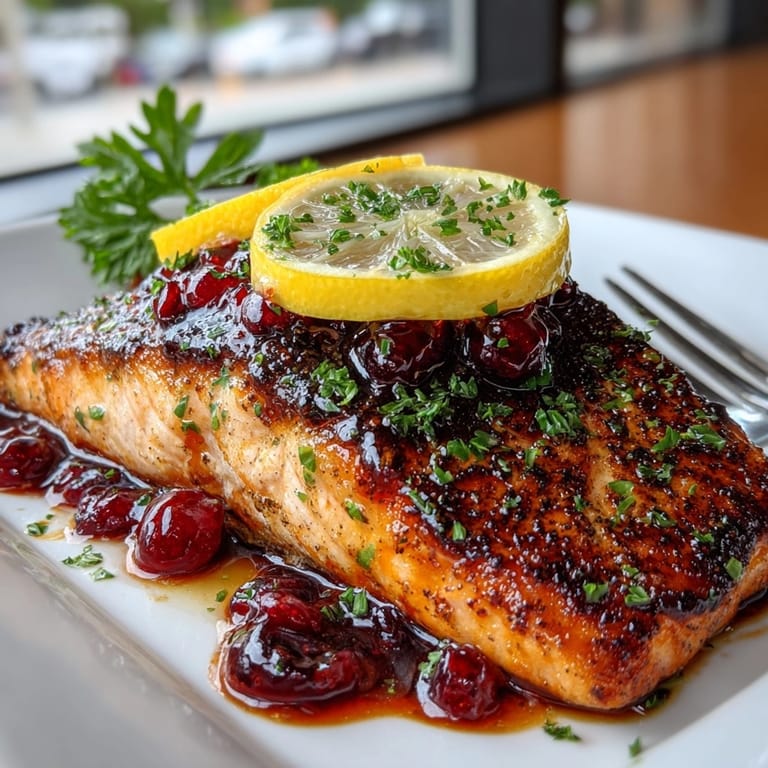 Grilled West Coast Cedar Plank Salmon with Cherry Glaze served with lemon slices on a rustic plank.