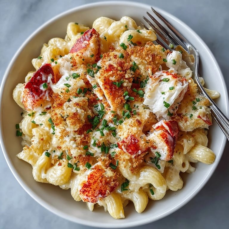 Fresh lobster chunks peeking through East Coast Lobster Roll Mac and Cheese Bake in a white casserole dish.