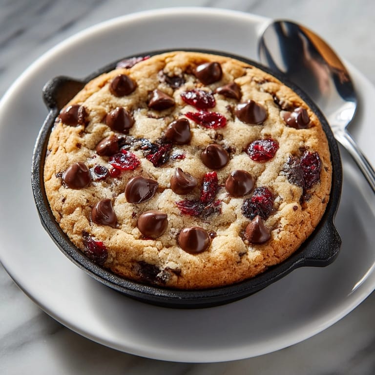 Sliced All-American Cherry-Coded Chocolate Chip Cookie Skillet served with vanilla ice cream and melted chocolate pooling.