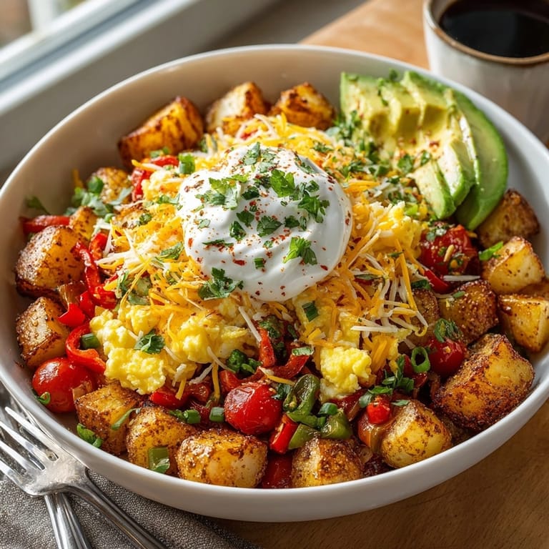 Colorful Southwest Spice Green Chile Breakfast Burrito Bowl featuring fluffy scrambled eggs, green chiles, and hearty potato base.
