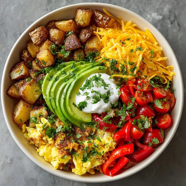Hearty Southwest Spice Green Chile Breakfast Burrito Bowl topped with fresh tomatoes, sour cream, and chopped cilantro for brunch.