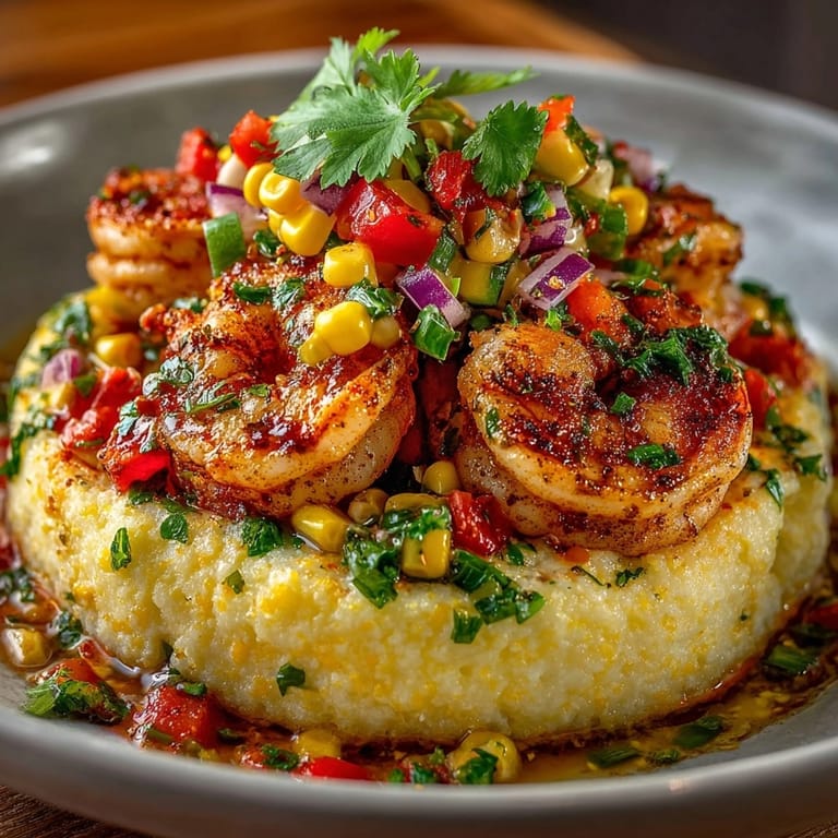 Close-up of Southern Comfort Shrimp and Grits with Chaos Corn Salsa, Cajun shrimp atop cheesy grits