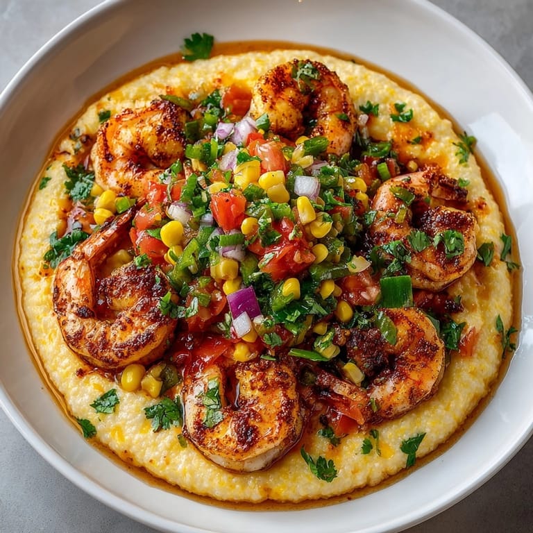 Southern Comfort Shrimp and Grits with Chaos Corn Salsa served hot, garnished with fresh cilantro and lime