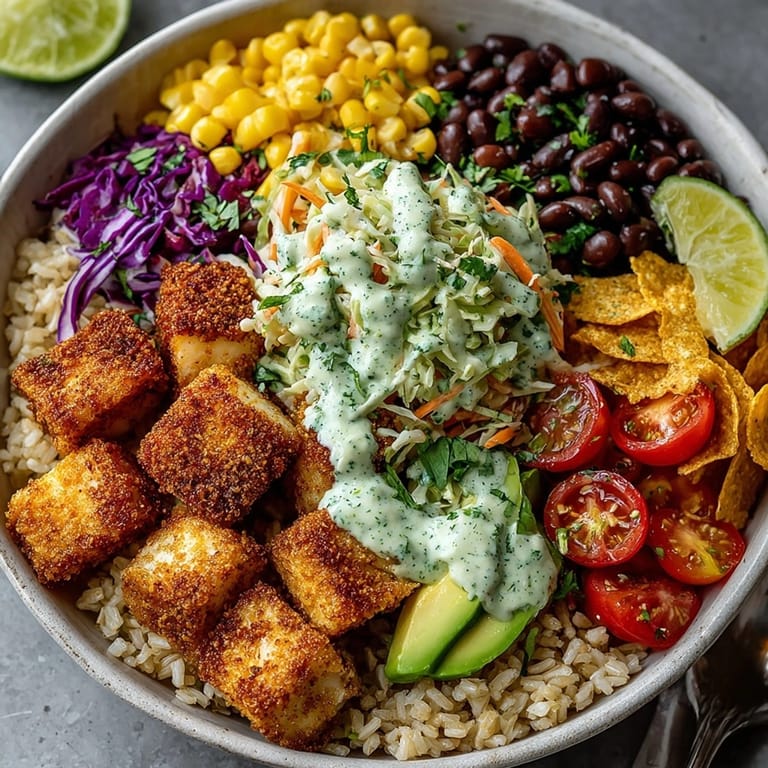 Vibrant West Coast Fish Taco Buddha Bowl served with fresh veggies and zesty Rebel Ranch drizzle.