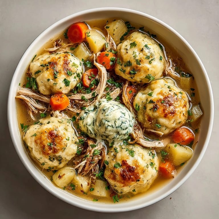 Generous serving of Midwest Classic Chicken and Dumplings with Pickle Herb Butter, perfect for cozy family dinners.