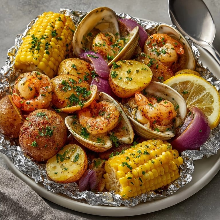 Juicy shrimp, clams, and cherry tomatoes in East Coast Clam Bake Foil Packets ready to eat.