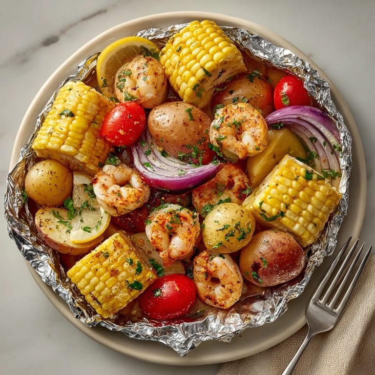 Colorful East Coast Clam Bake Foil Packets with cherry tomatoes, potatoes, and herbs just unwrapped.