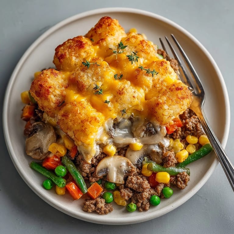 This Midwest Tater Tot Pickle Hotdish reveals golden-brown tater tots atop a flavorful, hearty casserole.