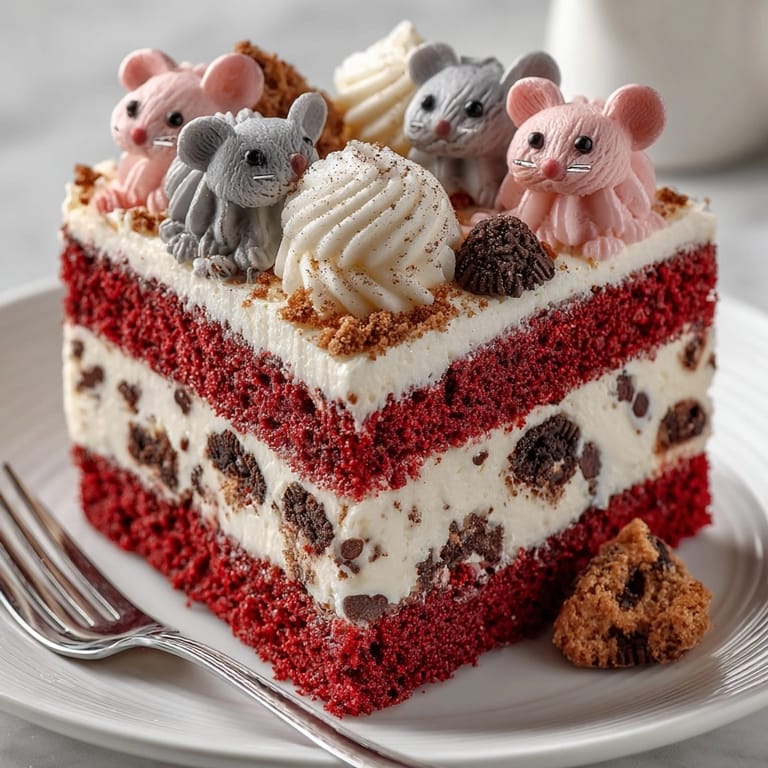 Indulge in a moist Chaos Cake Red Velvet, imagine the rich flavor and "rat" accents!