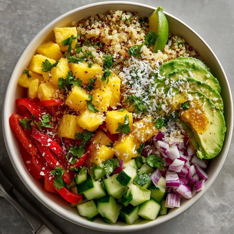 Enjoy a refreshing, healthy Tropical Quinoa Bowl, perfect for a light and flavorful meal.