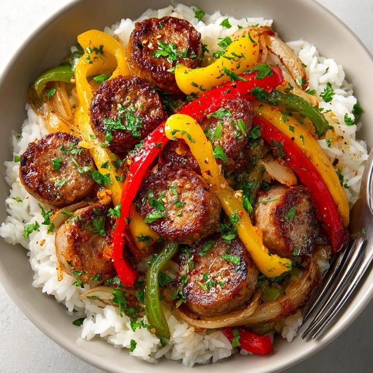 Golden sausage and peppers, served atop fluffy white rice, a delicious and easy family dinner.