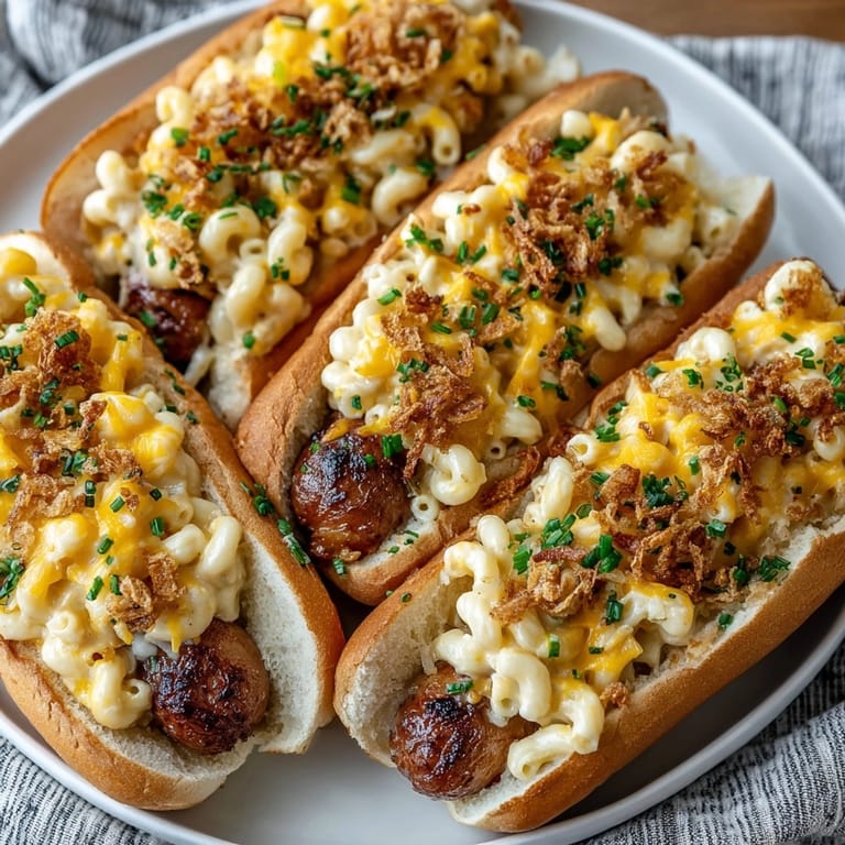 Image shows a platter of delicious Mac and Cheese Stuffed Hot Dogs, perfect for a comforting meal.