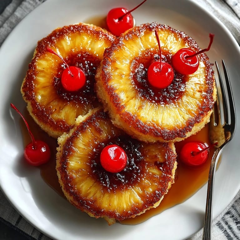 A stack of fluffy Pineapple Upside Down Pancakes showcasing warm, buttery pineapple with a forkful.