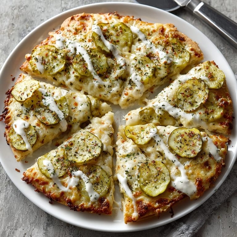 Savory pickle pizza with a vibrant ranch drizzle, ready to be sliced and served hot.
