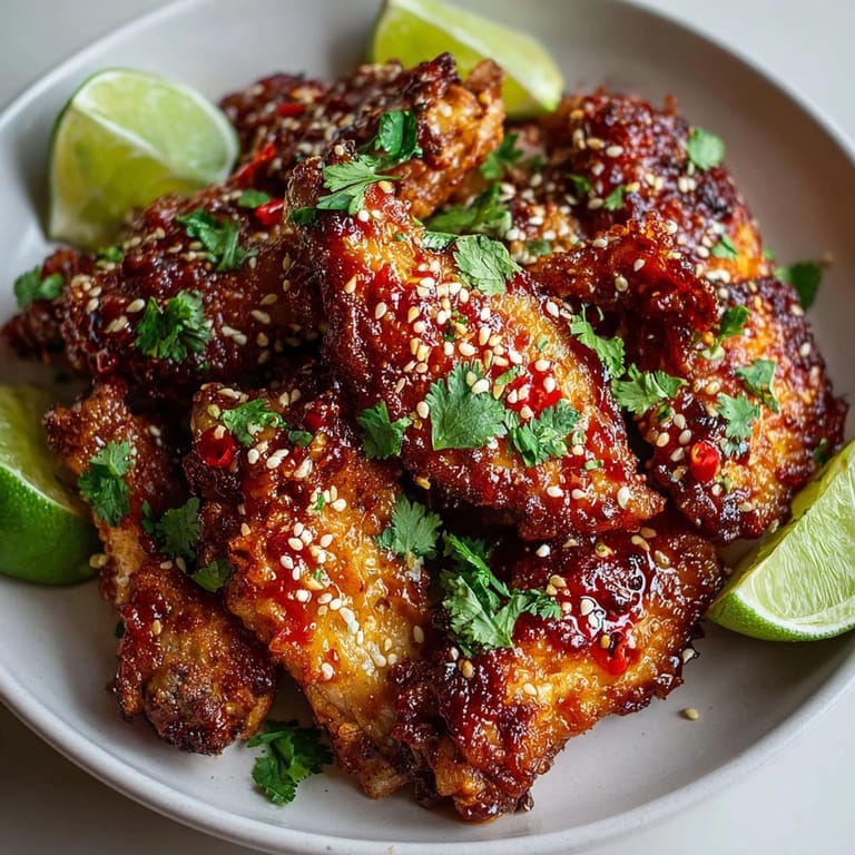 Close-up of crispy Honey Sriracha Chicken Wings glistening with a sweet and spicy glaze.