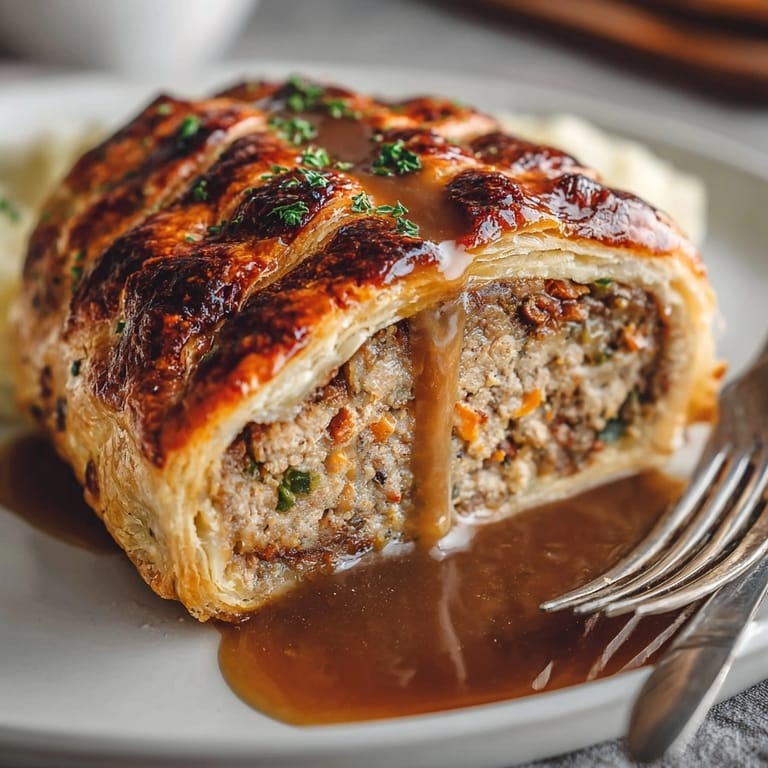 A beautiful Meatloaf Wellington slices reveal juicy meatloaf surrounded by buttery, crispy pastry, ready to eat.
