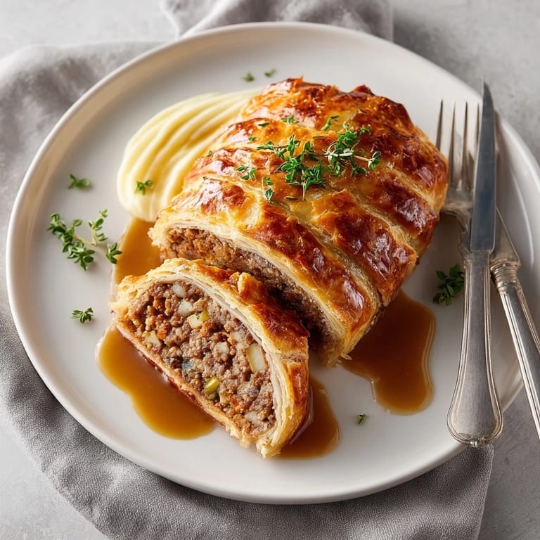 Close-up photo showing the Meatloaf Wellington with gravy; perfect for a satisfying, hearty dinner.