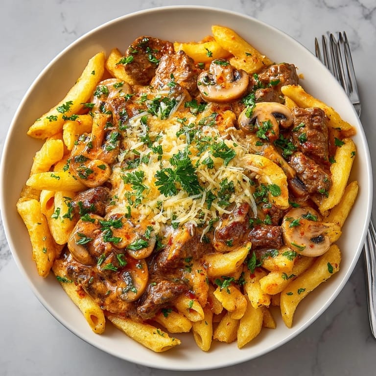 Tender beef and penne in Brazilian Stroganoff Pasta, topped with golden, crunchy potato sticks.