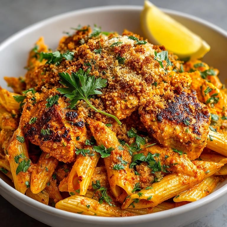Creamy Indian Butter Chicken Pasta mixed with penne, garnished with crunchy naan crumbs for texture.