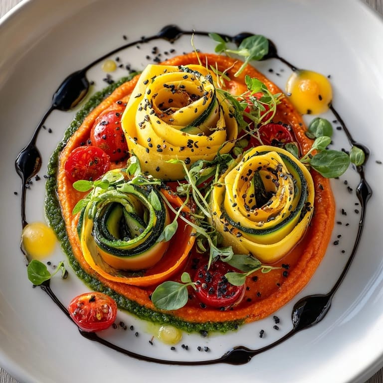 A plate of Geometric Pasta Plating with Instagram-Perfect Angles, featuring precise pasta nests and contrasting sauces for visual appeal.