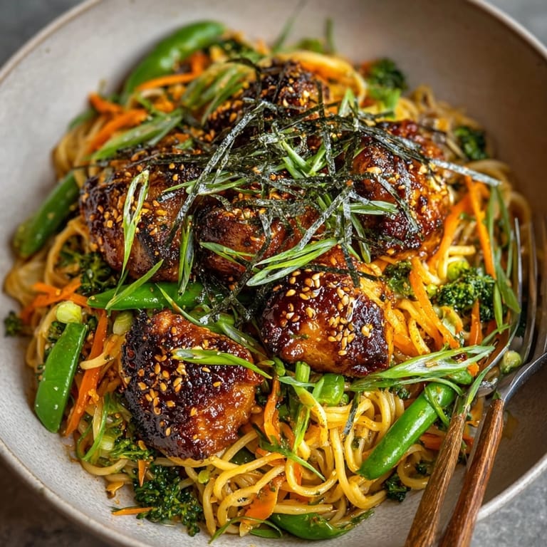 Closeup of yakitori pasta bowl featuring glossy tare-glazed chicken thighs with carrots and snap peas.