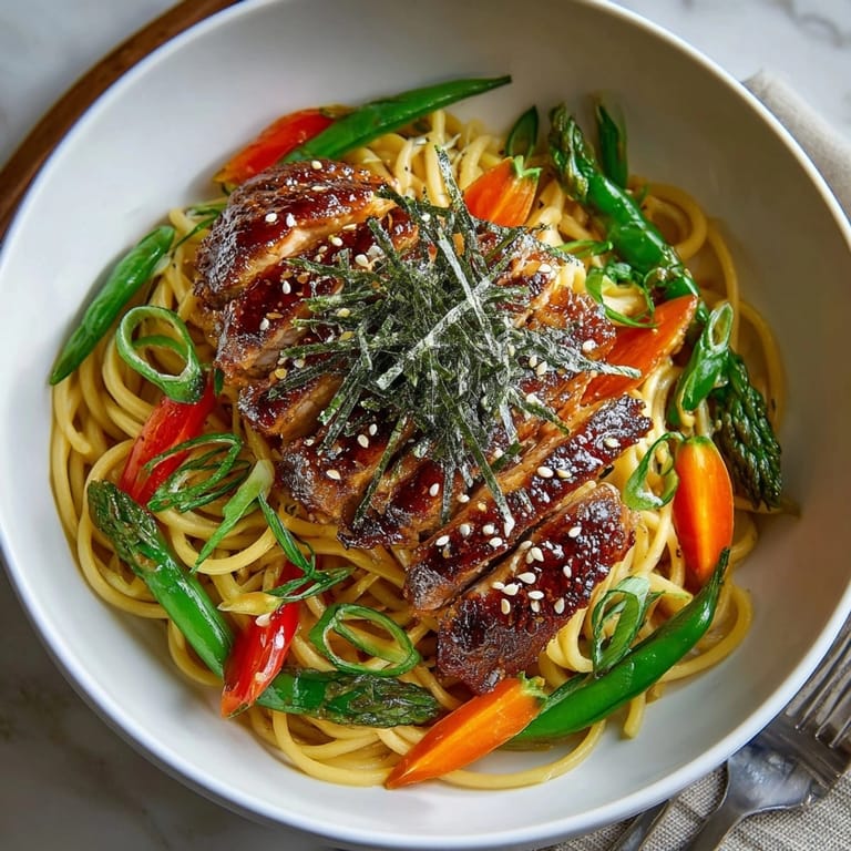 Steaming yakitori pasta bowl with tender glazed chicken thighs, fresh scallions, and toasted sesame seeds.