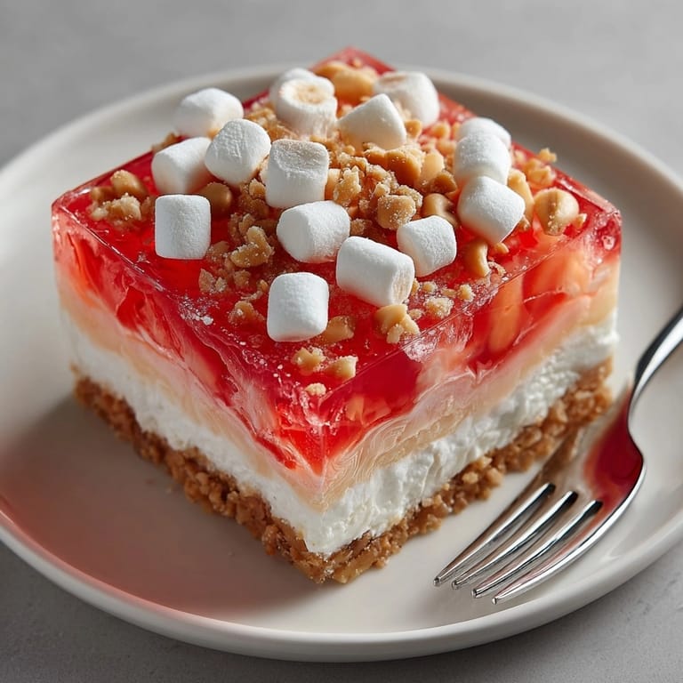 Retro-style Peanut Butter Jello Salad dessert, garnished with mini marshmallows and roasted peanuts for texture.