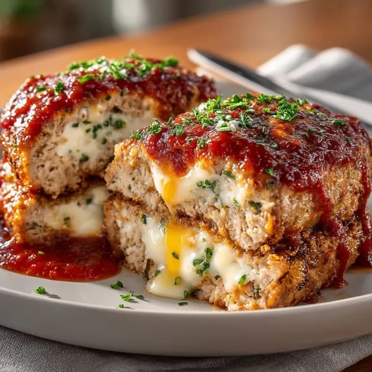 Juicy stuffed cheese chicken meatloaf served hot with herbs and tomato glaze for a family dinner.
