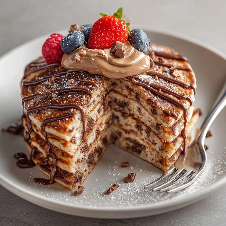 Close-up of fluffy chocolate hazelnut protein pancakes with toasted hazelnuts and a drizzle of chocolate spread.