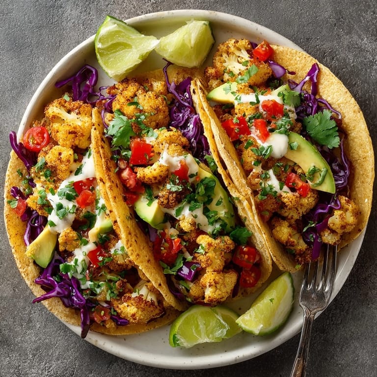 Colorful garlic roasted cauliflower tacos in corn tortillas, garnished with salsa and lime wedges.