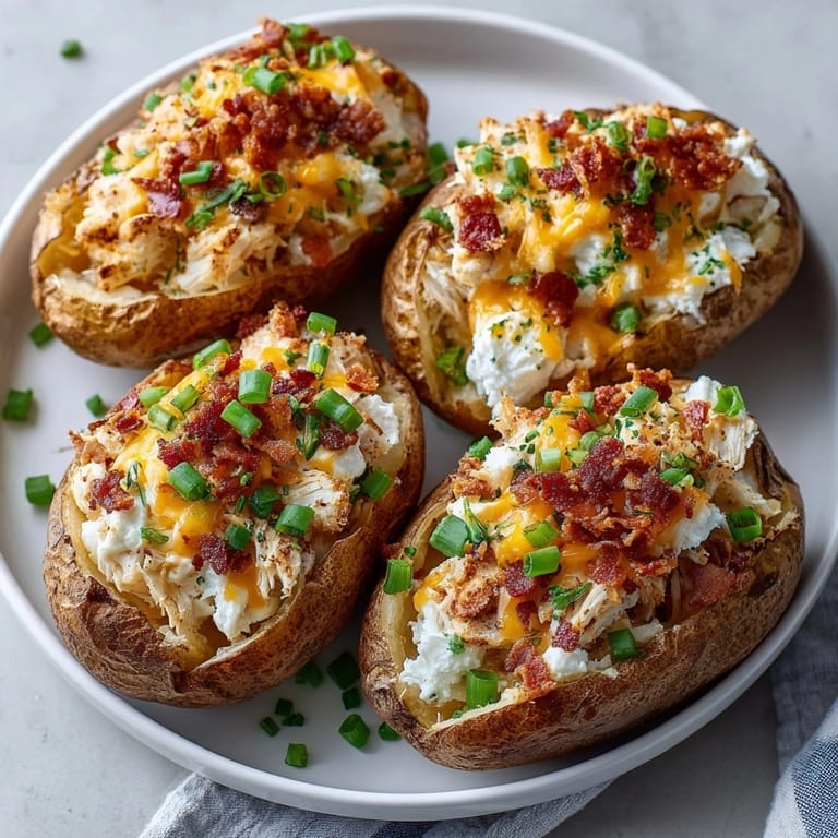 Golden Cheesy Chicken Bacon Ranch Stuffed Potatoes piled high with tender chicken and vibrant green onions on top.