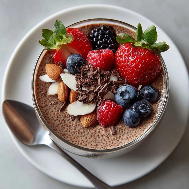 Close-up of thick, decadent protein-packed chocolate chia pudding with a sprinkle of crunchy nuts