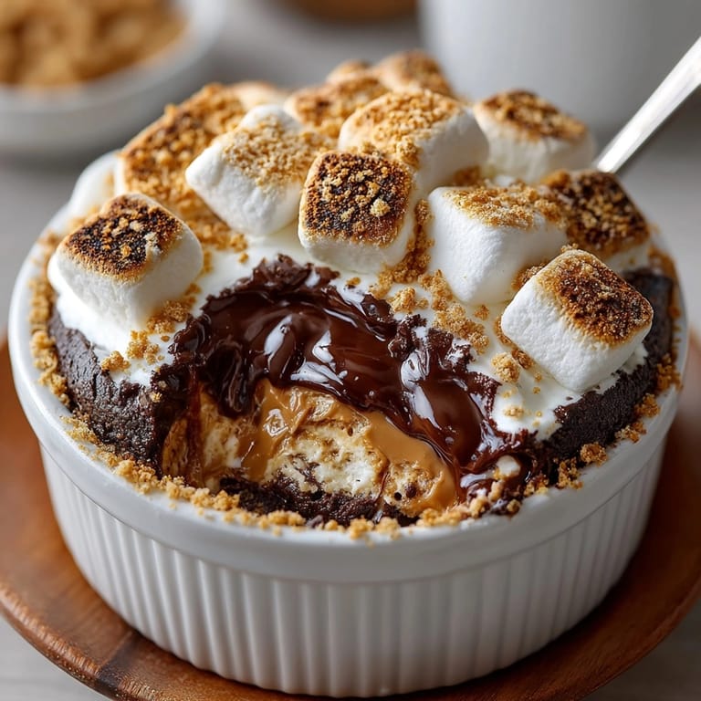 Close-up of melty Peanut Butter S'mores Dip layered with toasted marshmallows and crushed graham crackers