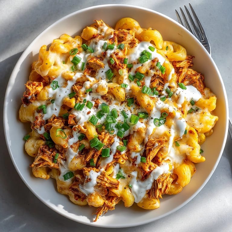 Close-up of hearty buffalo chicken pasta with ranch drizzle, garnished for an inviting dinner.