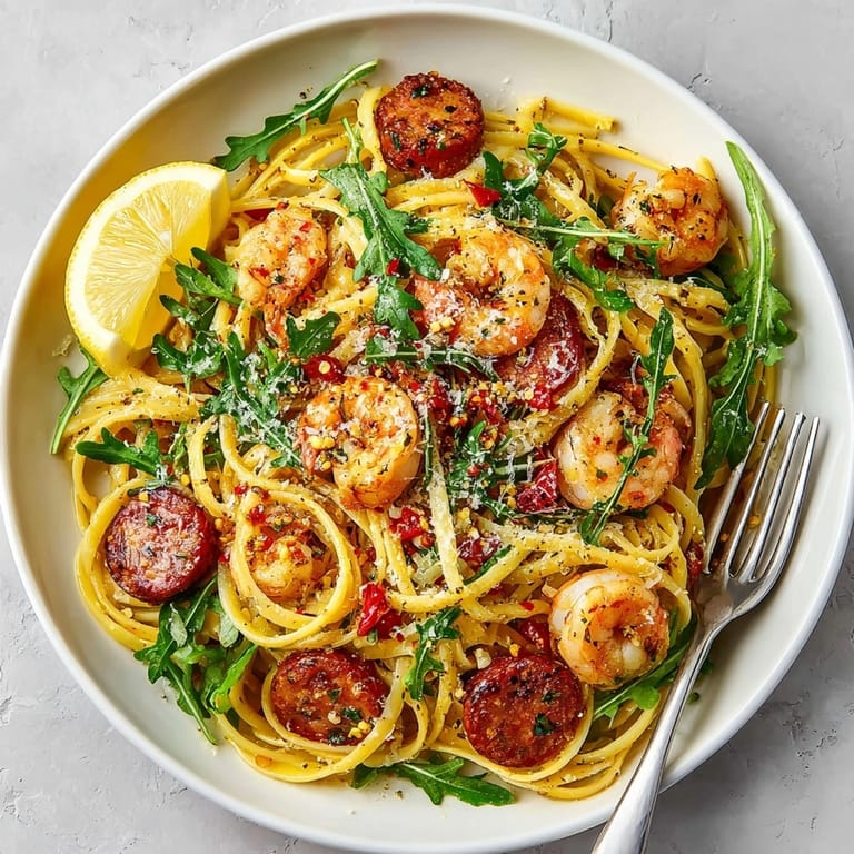 Close-up of Lemon Garlic Shrimp &amp; Sausage Pasta with linguine, juicy shrimp, and andouille sausage