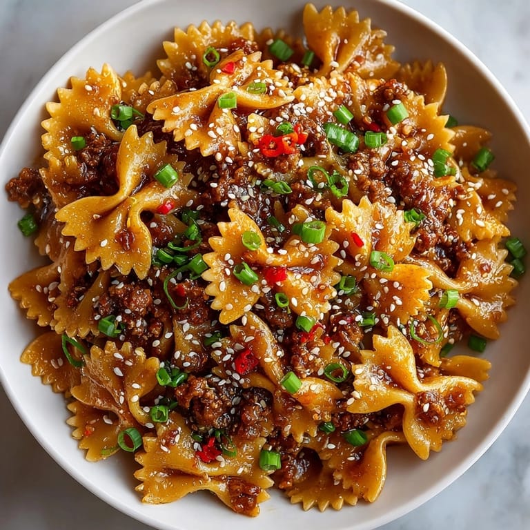 Hearty Korean BBQ Beef Bowtie Pasta served warm in a bowl with scattered chili flakes.