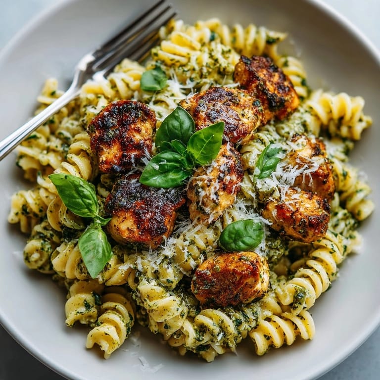 Juicy marinated chicken tikka pieces nestled in creamy pesto pasta, garnished with chili flakes.