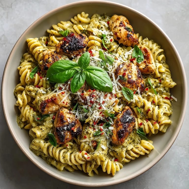 Steaming bowl of Creamy Pesto Chicken Tikka Pasta, topped with Parmesan and vibrant green herbs.