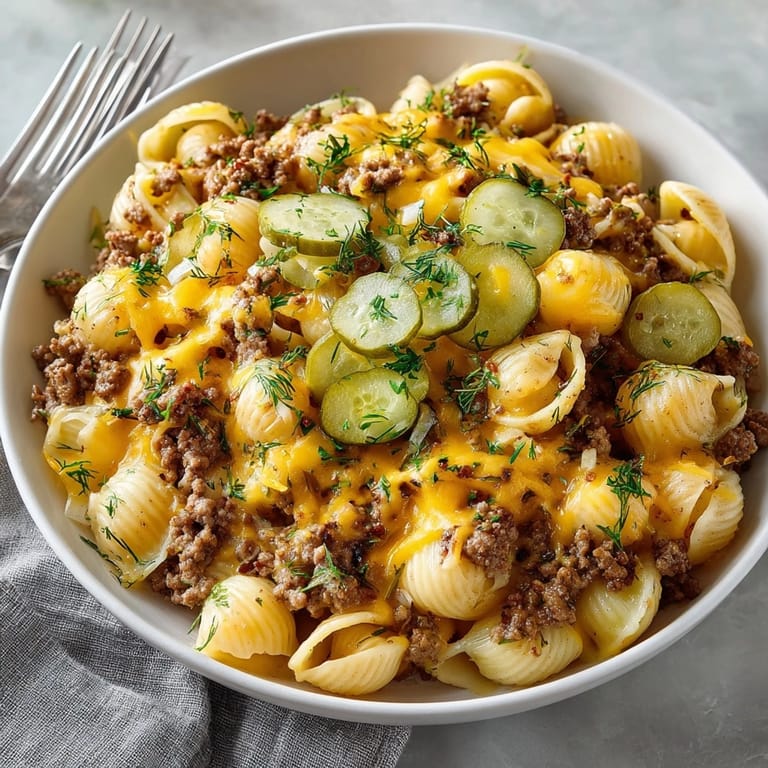 Cheesy, savory Loaded Cheeseburger Pasta Skillet served hot with a golden, bubbling top