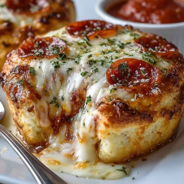 Pizza pot pies served hot on a platter, savory tomato sauce and pepperoni peeking out.