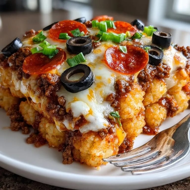 Hearty Pizza Tot Casserole served family-style, featuring crispy tater tots, beef, and gooey mozzarella