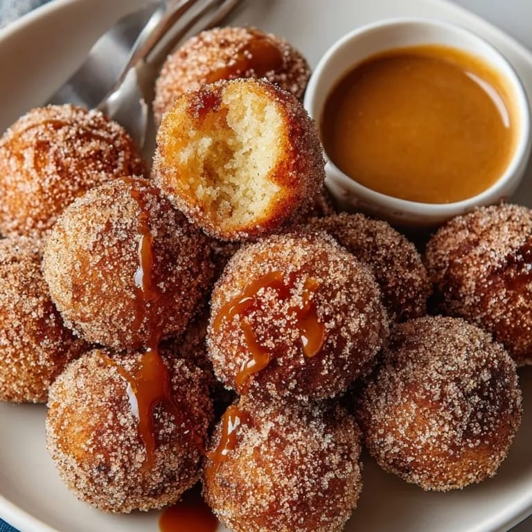 Platter of sweet churro donut bites with buttery cinnamon sugar and chocolate dipping sauce