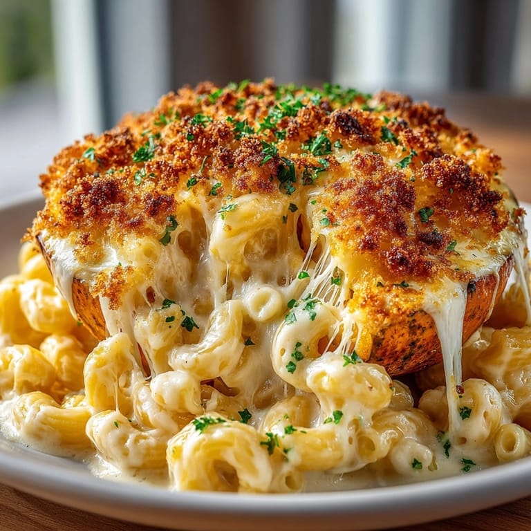 Creamy Mac-O-Lantern and Cheese oozing from a roasted pumpkin, ready to serve.