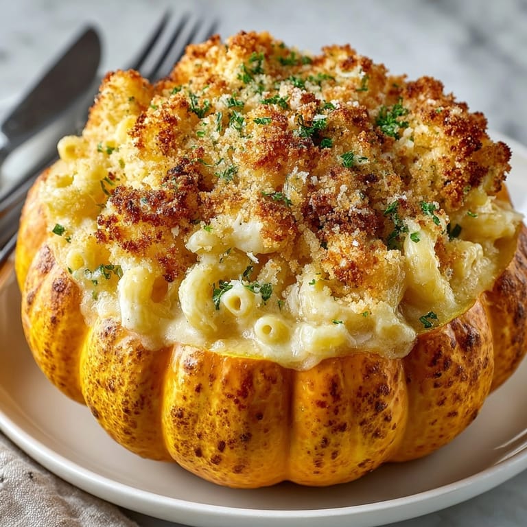 Homemade Mac-O-Lantern and Cheese in pumpkin shell, a comforting, cheesy autumn meal.