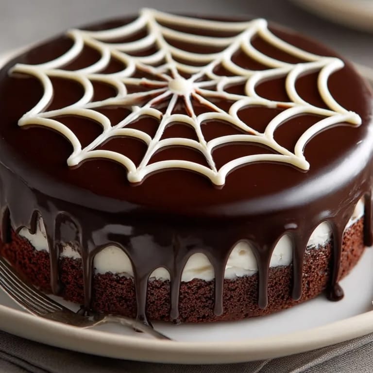 Halloween-ready chocolate spiderweb cake, fresh from the oven, with smooth, decadent ganache.