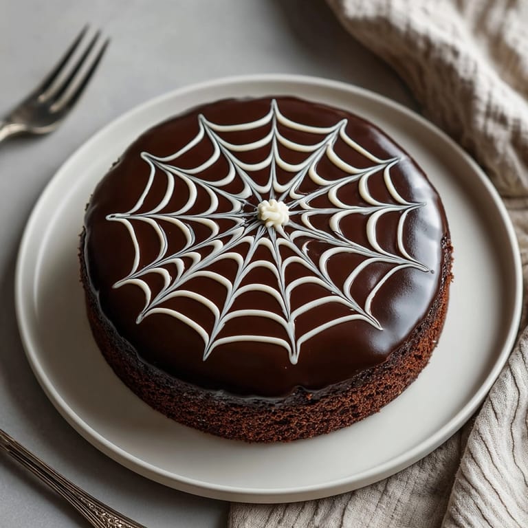 Homemade chocolate spiderweb cake, topped with drippy ganache and delicate spiderweb design.
